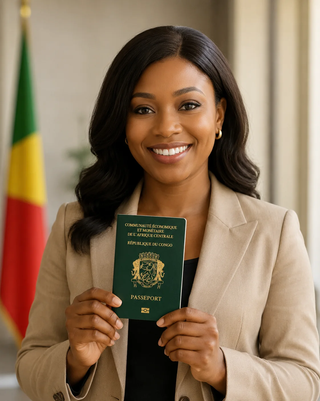 Une femme congolaise souriante présente un passeport de la République du Congo.